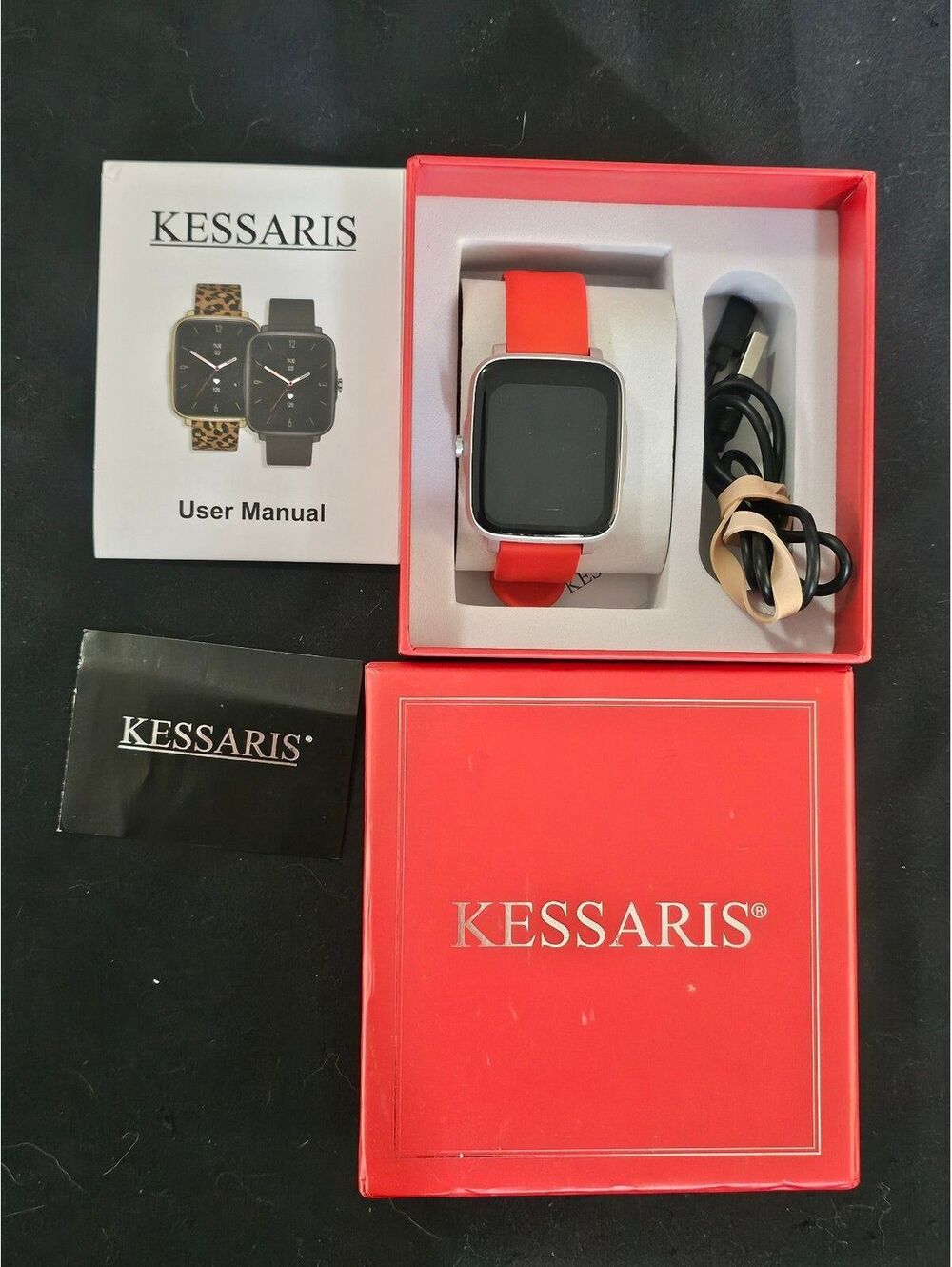 Kessaris Smartwatch with Red Band and USB Charger